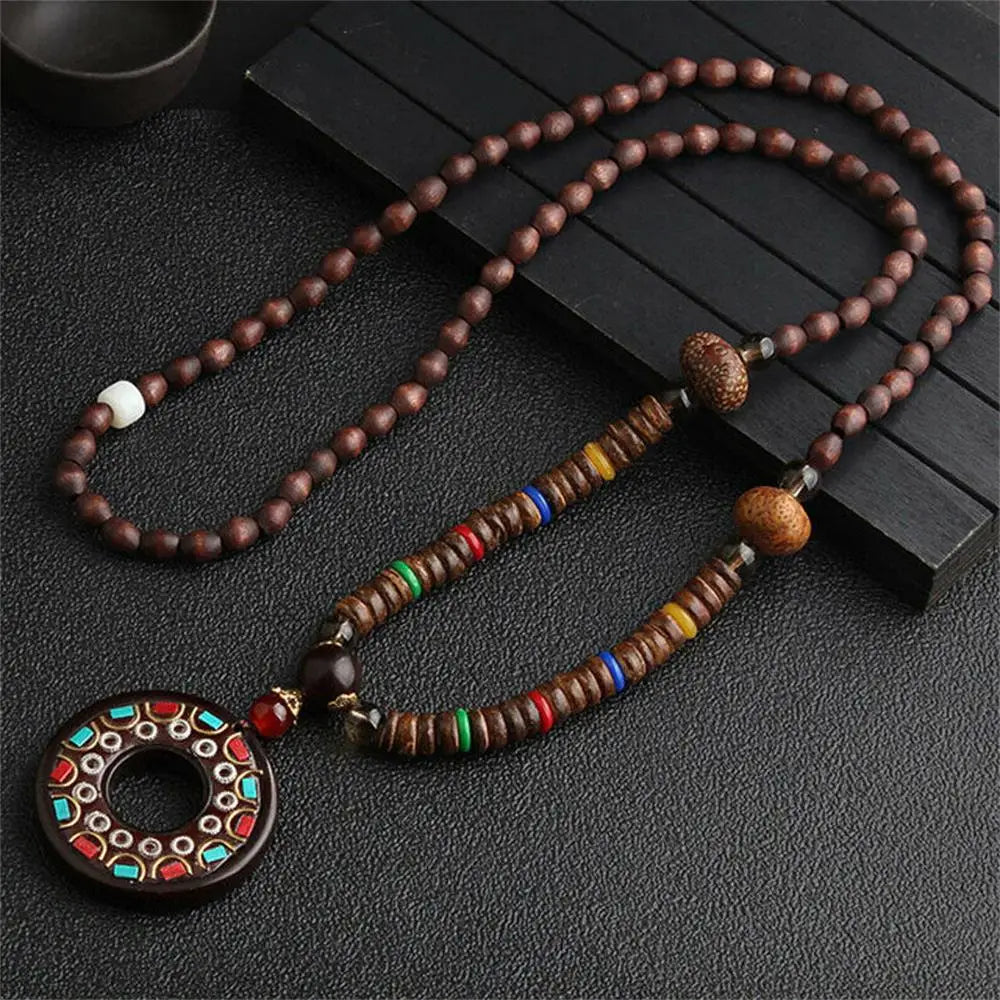 Unisex Handmade Nepal Buddhist Mala Necklace – Long Wood Cultural Bohemian Necklace, Bead Pendant, Lucky Peace Jewelry in Ethnic Hippie Style for Men & Women