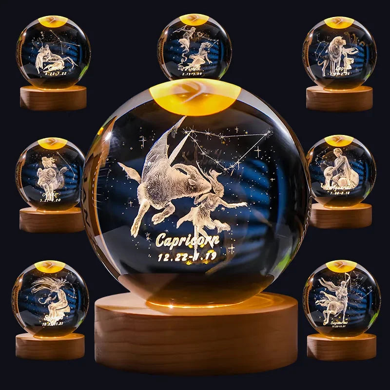 12 Constellation Crystal Ball with LED Office Decoration Sphere Stand Holder Laser Engraving Glass Ball Birthday Gift Souvenir