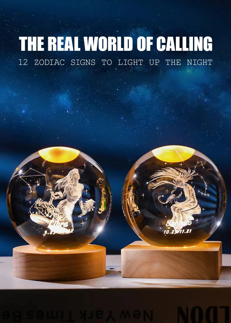 12 Constellation Crystal Ball with LED Office Decoration Sphere Stand Holder Laser Engraving Glass Ball Birthday Gift Souvenir