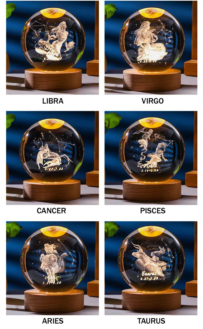 12 Constellation Crystal Ball with LED Office Decoration Sphere Stand Holder Laser Engraving Glass Ball Birthday Gift Souvenir
