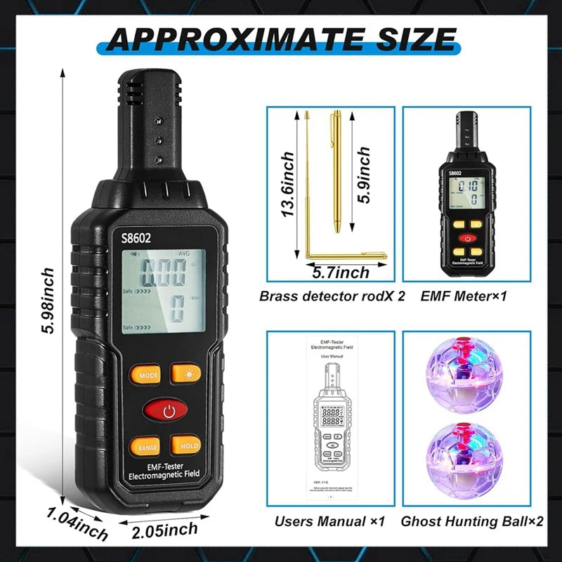 5-Piece Ghosthunting Equipment Kit 1 EMF Radiation  2 LED Cat Balls 2 Copper Track Poles