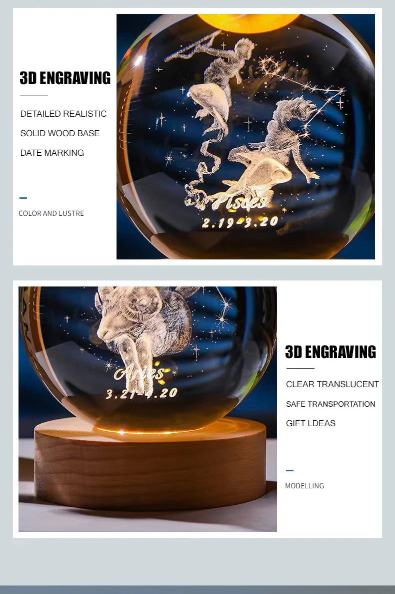 12 Constellation Crystal Ball with LED Office Decoration Sphere Stand Holder Laser Engraving Glass Ball Birthday Gift Souvenir