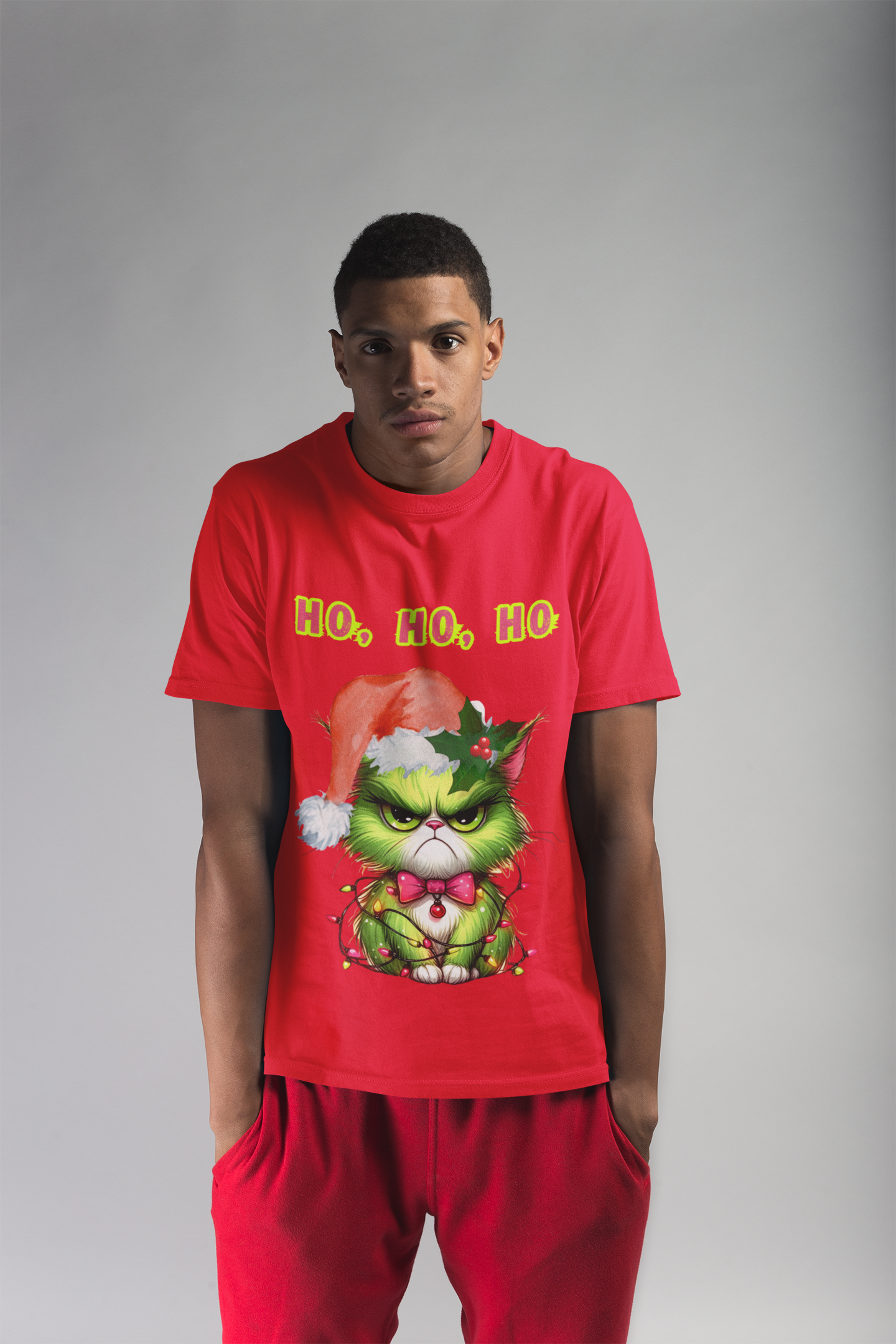 Christmas Cat Unisex Tee Shirt, Angry Cat with Santa Hat, Ho, HO, ho Design, Holiday Tshirt, Funny Christmas Shirt, Cat Lover Gift, Xmas Tee