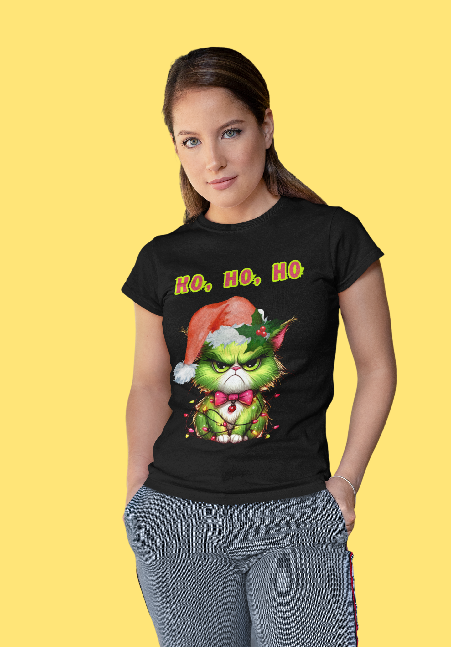 Christmas Cat Unisex Tee Shirt, Angry Cat with Santa Hat, Ho, HO, ho Design, Holiday Tshirt, Funny Christmas Shirt, Cat Lover Gift, Xmas Tee