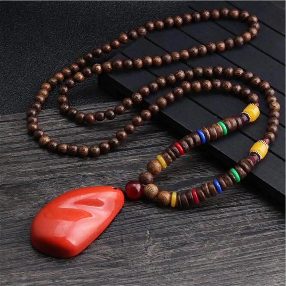 Unisex Handmade Nepal Buddhist Mala Necklace – Long Wood Cultural Bohemian Necklace, Bead Pendant, Lucky Peace Jewelry in Ethnic Hippie Style for Men & Women