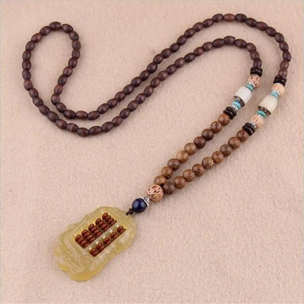 Unisex Handmade Nepal Buddhist Mala Necklace – Long Wood Cultural Bohemian Necklace, Bead Pendant, Lucky Peace Jewelry in Ethnic Hippie Style for Men & Women