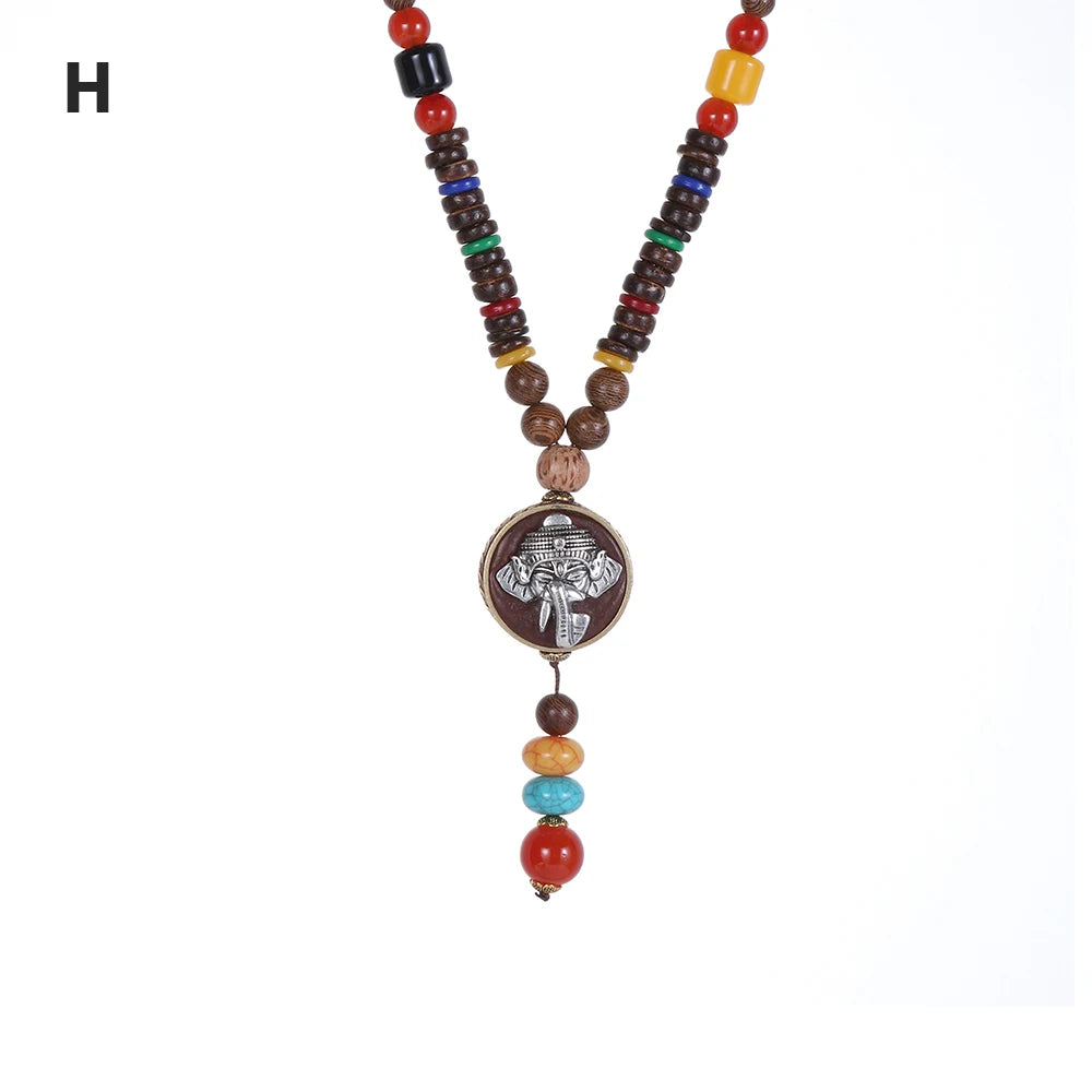 Unisex Handmade Nepal Buddhist Mala Necklace – Long Wood Cultural Bohemian Necklace, Bead Pendant, Lucky Peace Jewelry in Ethnic Hippie Style for Men & Women