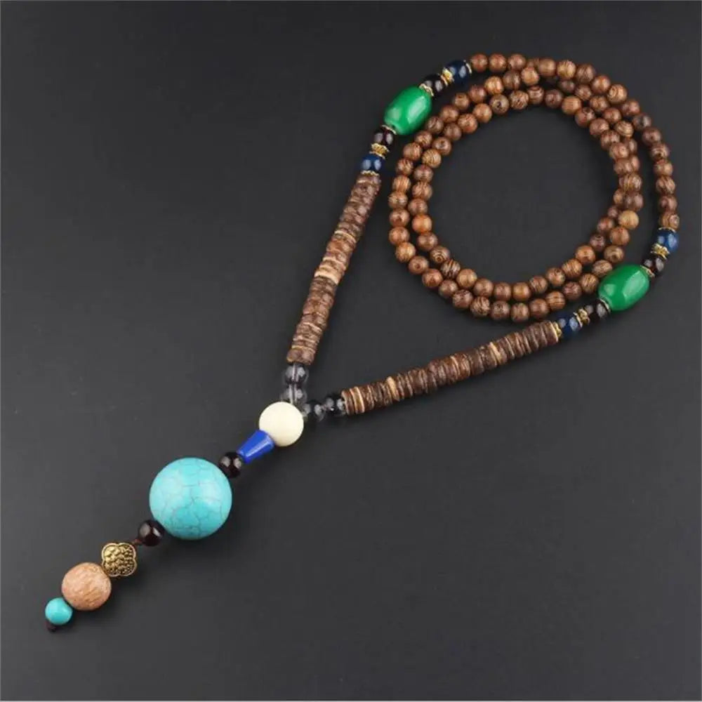 Unisex Handmade Nepal Buddhist Mala Necklace – Long Wood Cultural Bohemian Necklace, Bead Pendant, Lucky Peace Jewelry in Ethnic Hippie Style for Men & Women