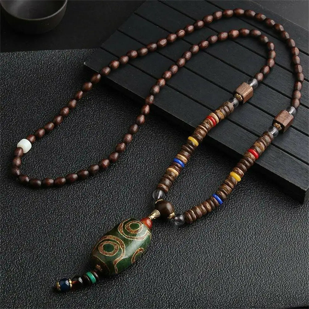 Unisex Handmade Nepal Buddhist Mala Necklace – Long Wood Cultural Bohemian Necklace, Bead Pendant, Lucky Peace Jewelry in Ethnic Hippie Style for Men & Women