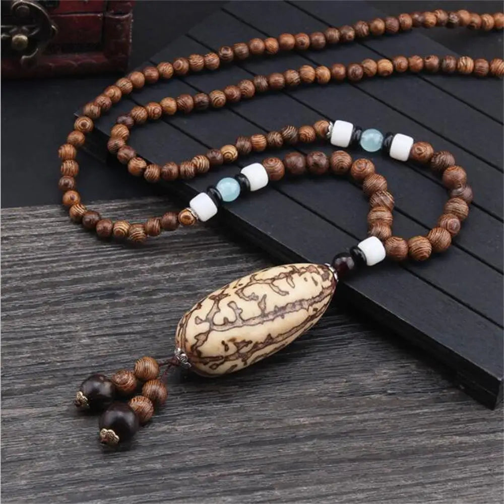 Unisex Handmade Nepal Buddhist Mala Necklace – Long Wood Cultural Bohemian Necklace, Bead Pendant, Lucky Peace Jewelry in Ethnic Hippie Style for Men & Women