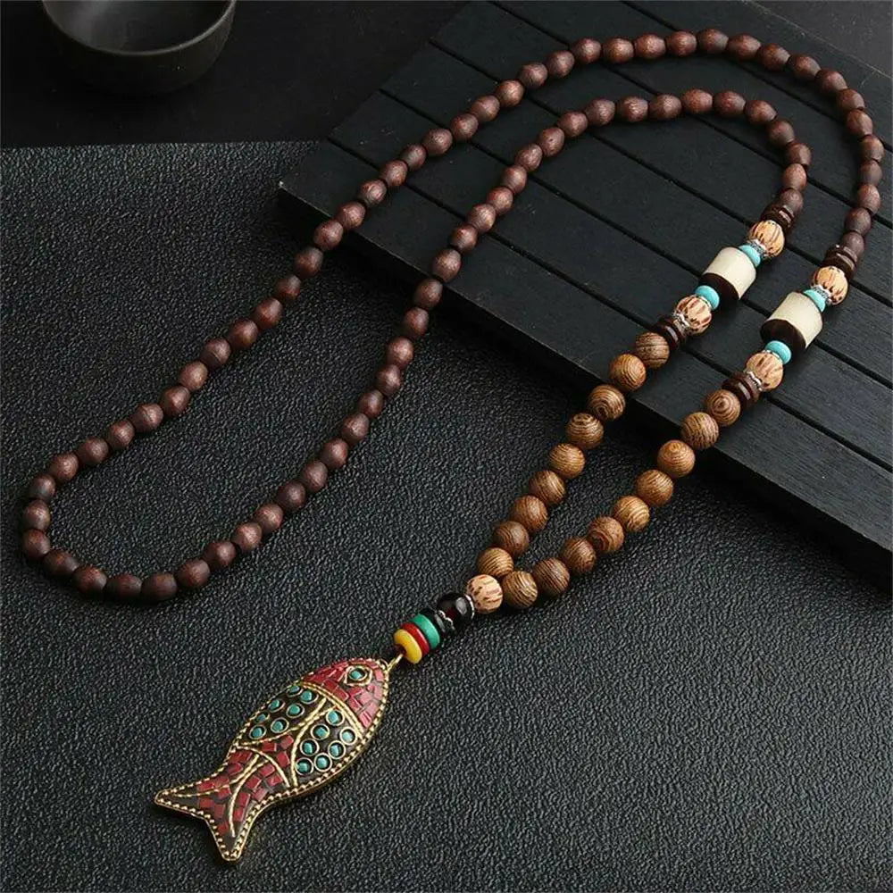 Unisex Handmade Nepal Buddhist Mala Necklace – Long Wood Cultural Bohemian Necklace, Bead Pendant, Lucky Peace Jewelry in Ethnic Hippie Style for Men & Women