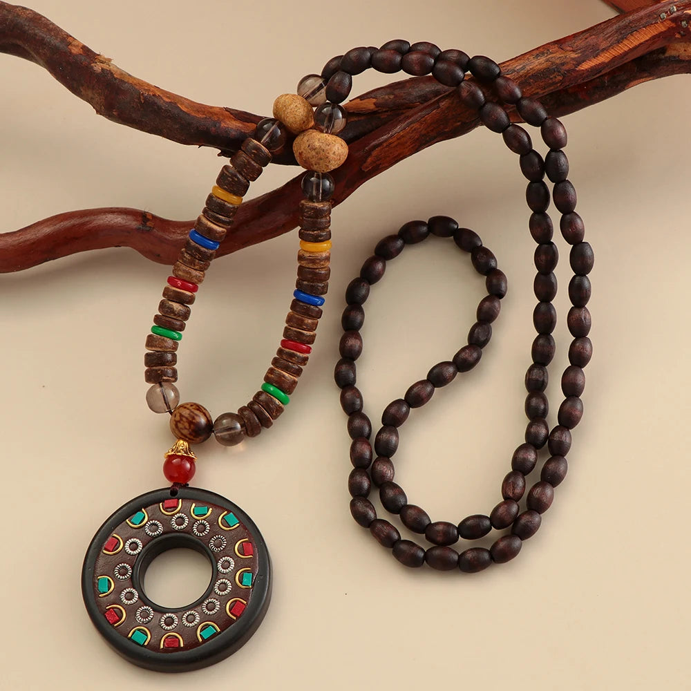 Unisex Handmade Nepal Buddhist Mala Necklace – Long Wood Cultural Bohemian Necklace, Bead Pendant, Lucky Peace Jewelry in Ethnic Hippie Style for Men & Women