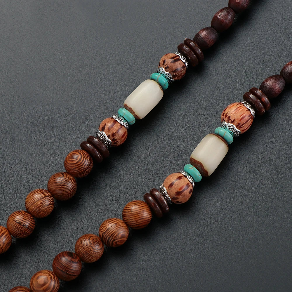 Unisex Handmade Nepal Buddhist Mala Necklace – Long Wood Cultural Bohemian Necklace, Bead Pendant, Lucky Peace Jewelry in Ethnic Hippie Style for Men & Women