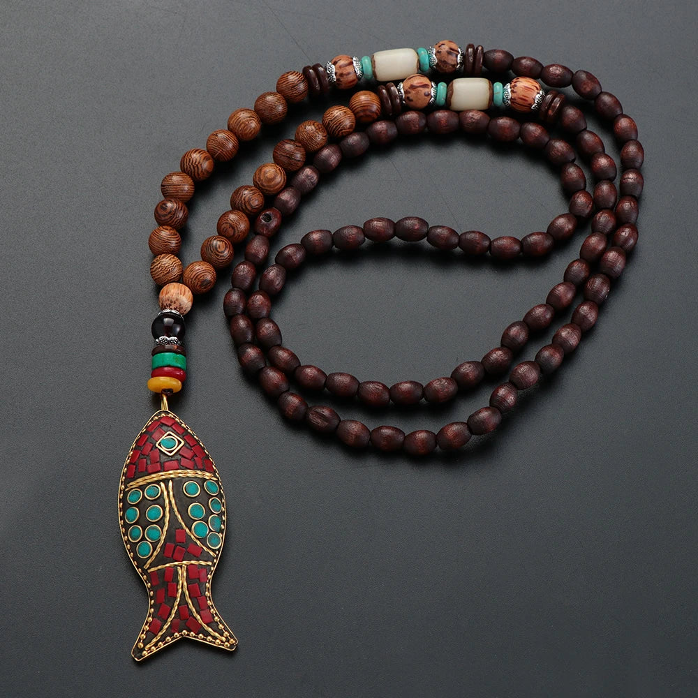 Unisex Handmade Nepal Buddhist Mala Necklace – Long Wood Cultural Bohemian Necklace, Bead Pendant, Lucky Peace Jewelry in Ethnic Hippie Style for Men & Women