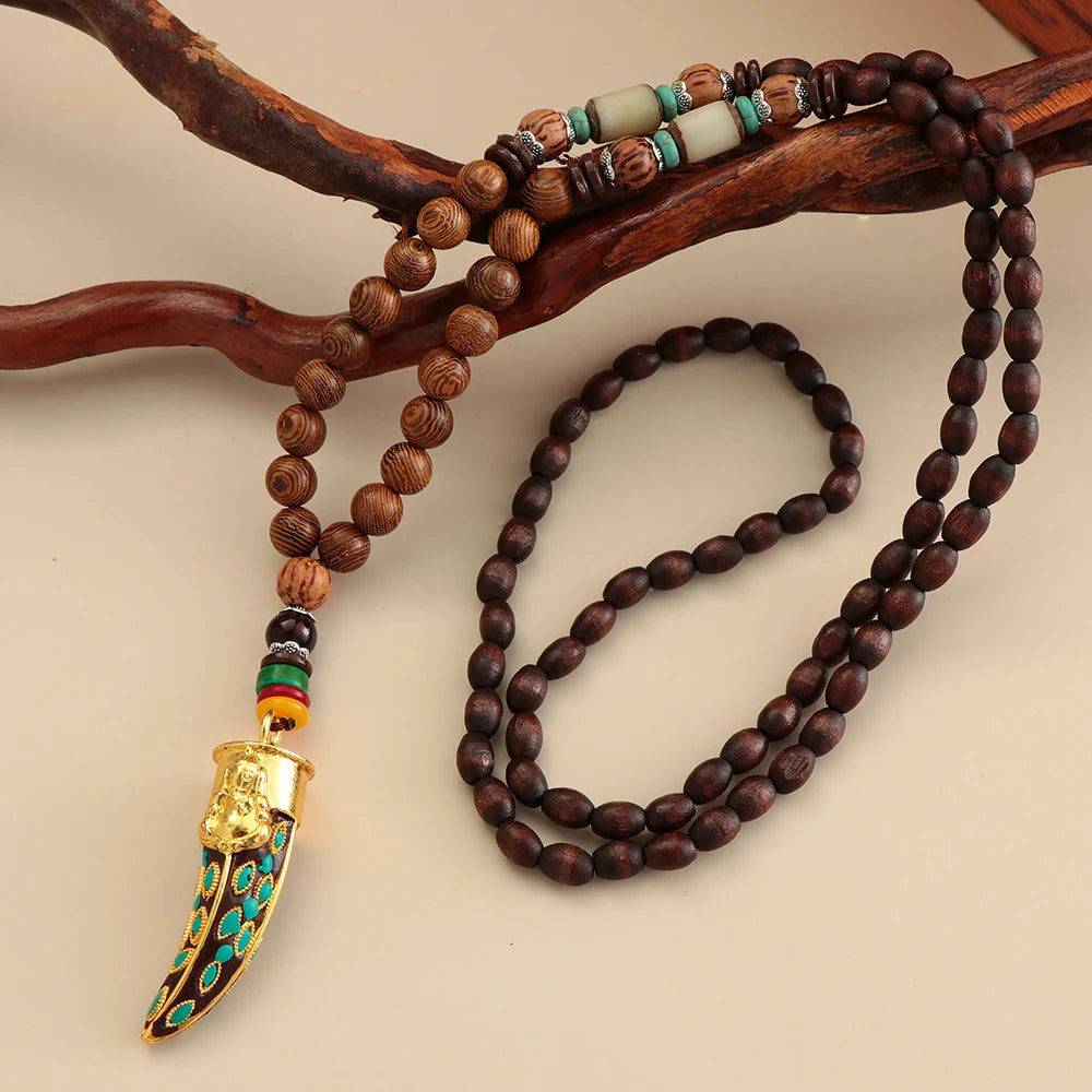 Unisex Handmade Nepal Buddhist Mala Necklace – Long Wood Cultural Bohemian Necklace, Bead Pendant, Lucky Peace Jewelry in Ethnic Hippie Style for Men & Women