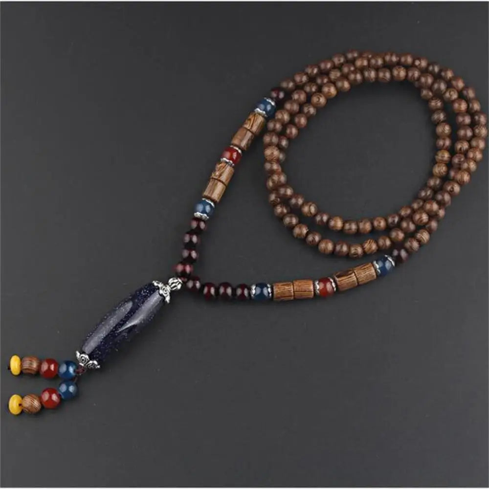 Unisex Handmade Nepal Buddhist Mala Necklace – Long Wood Cultural Bohemian Necklace, Bead Pendant, Lucky Peace Jewelry in Ethnic Hippie Style for Men & Women