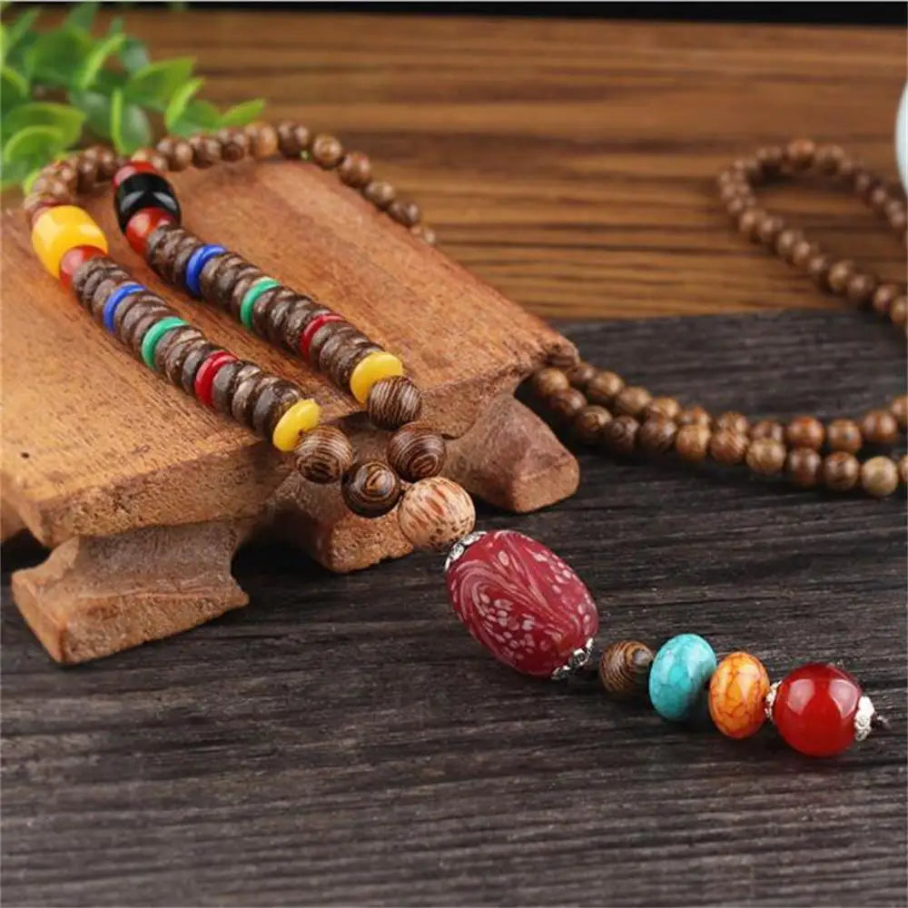 Unisex Handmade Nepal Buddhist Mala Necklace – Long Wood Cultural Bohemian Necklace, Bead Pendant, Lucky Peace Jewelry in Ethnic Hippie Style for Men & Women