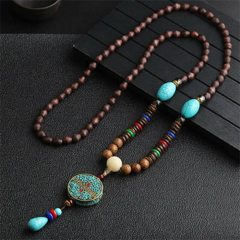 Unisex Handmade Nepal Buddhist Mala Necklace – Long Wood Cultural Bohemian Necklace, Bead Pendant, Lucky Peace Jewelry in Ethnic Hippie Style for Men & Women