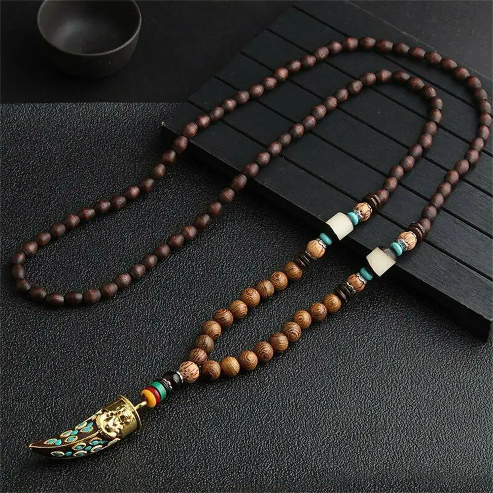 Unisex Handmade Nepal Buddhist Mala Necklace – Long Wood Cultural Bohemian Necklace, Bead Pendant, Lucky Peace Jewelry in Ethnic Hippie Style for Men & Women