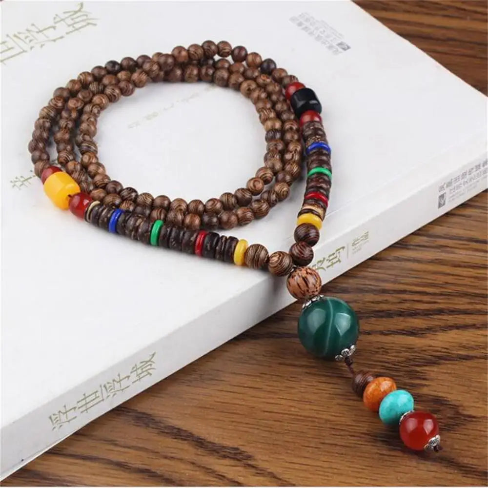 Unisex Handmade Nepal Buddhist Mala Necklace – Long Wood Cultural Bohemian Necklace, Bead Pendant, Lucky Peace Jewelry in Ethnic Hippie Style for Men & Women