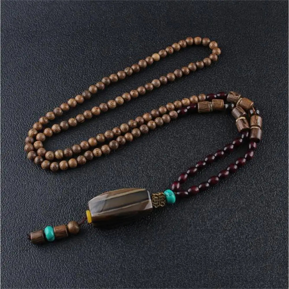 Unisex Handmade Nepal Buddhist Mala Necklace – Long Wood Cultural Bohemian Necklace, Bead Pendant, Lucky Peace Jewelry in Ethnic Hippie Style for Men & Women