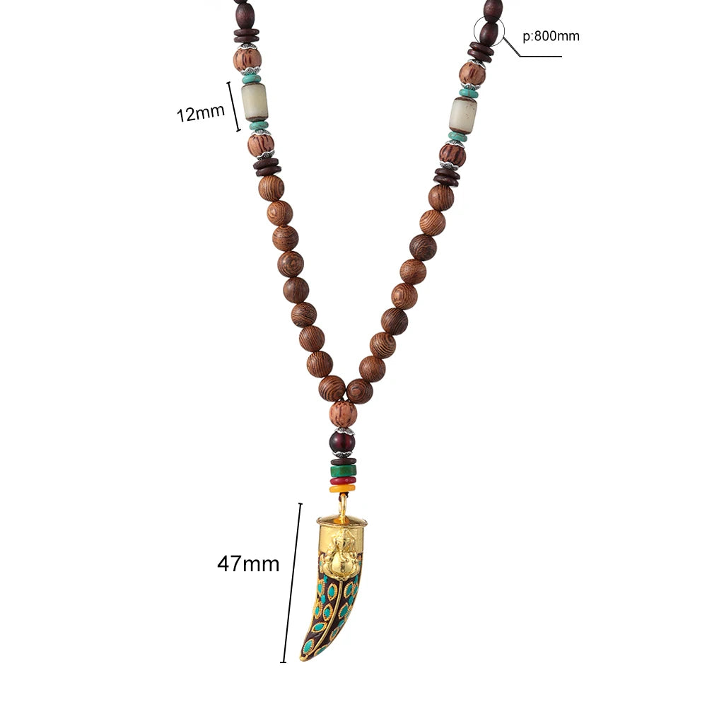 Unisex Handmade Nepal Buddhist Mala Necklace – Long Wood Cultural Bohemian Necklace, Bead Pendant, Lucky Peace Jewelry in Ethnic Hippie Style for Men & Women