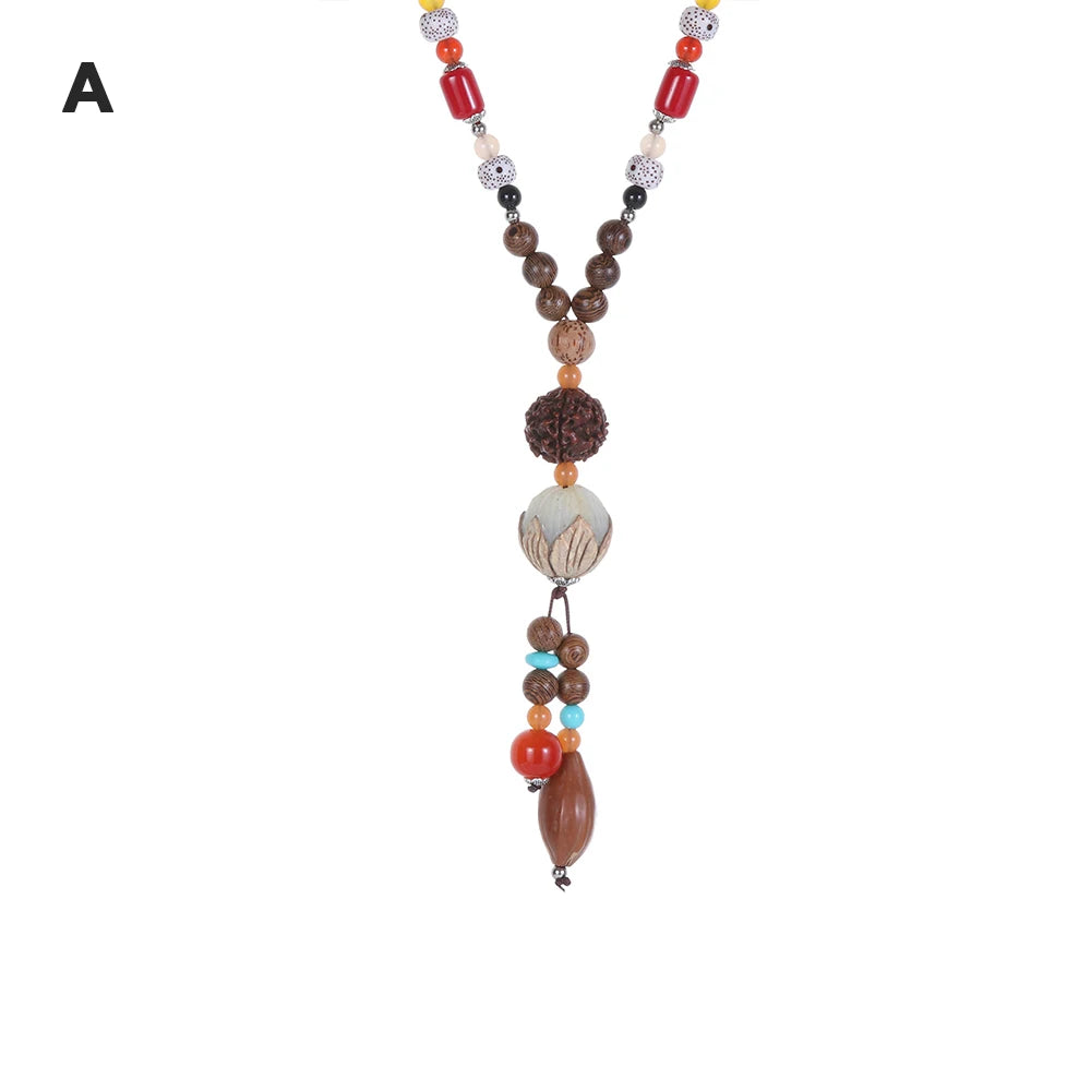 Unisex Handmade Nepal Buddhist Mala Necklace – Long Wood Cultural Bohemian Necklace, Bead Pendant, Lucky Peace Jewelry in Ethnic Hippie Style for Men & Women