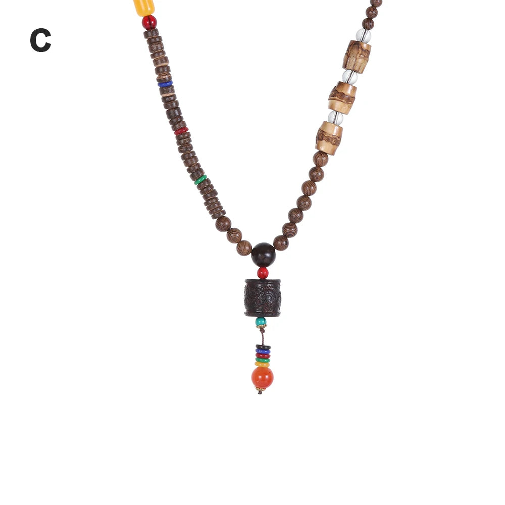 Unisex Handmade Nepal Buddhist Mala Necklace – Long Wood Cultural Bohemian Necklace, Bead Pendant, Lucky Peace Jewelry in Ethnic Hippie Style for Men & Women