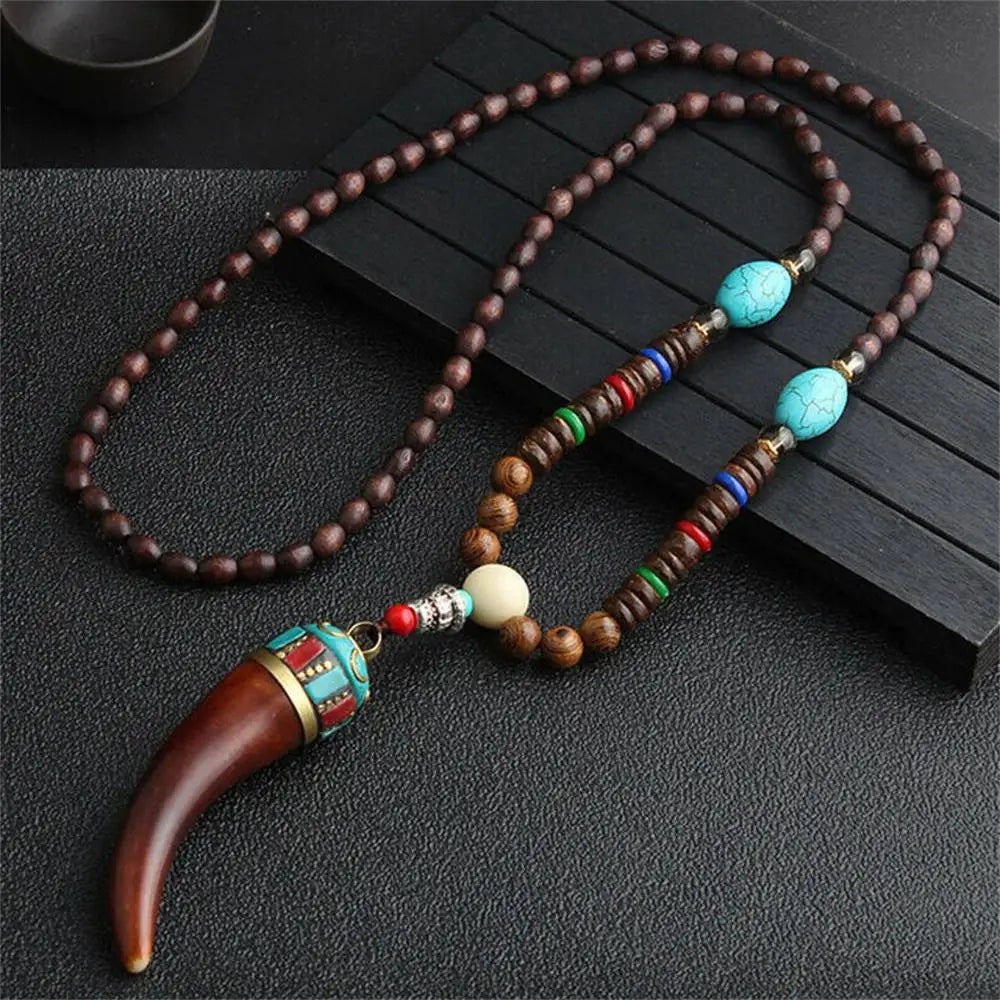 Unisex Handmade Nepal Buddhist Mala Necklace – Long Wood Cultural Bohemian Necklace, Bead Pendant, Lucky Peace Jewelry in Ethnic Hippie Style for Men & Women