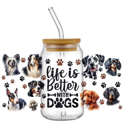 Cute Dog & Puppy UV DTF Cup Wrap – 16oz Libbey Glass Can Transfer | Waterproof Pet Lover DIY Decal