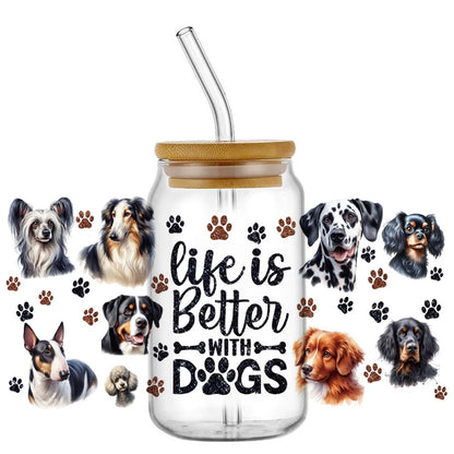 Cute Dog & Puppy UV DTF Cup Wrap – 16oz Libbey Glass Can Transfer | Waterproof Pet Lover DIY Decal