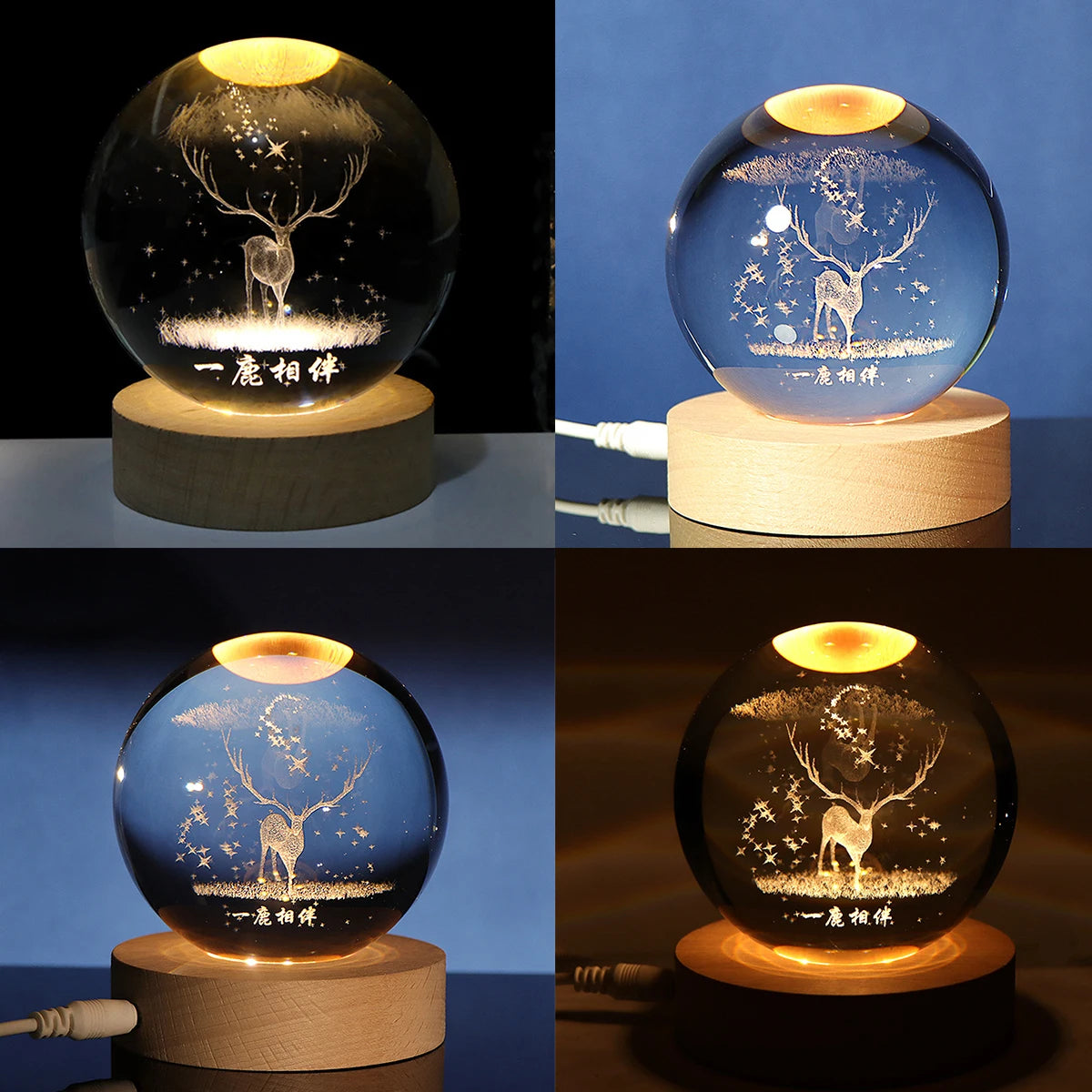 Glowing Crystal Night Light Inside Carved Glass Ball A Deer With The Planet Desktop Ornaments For Women Birthday Gift