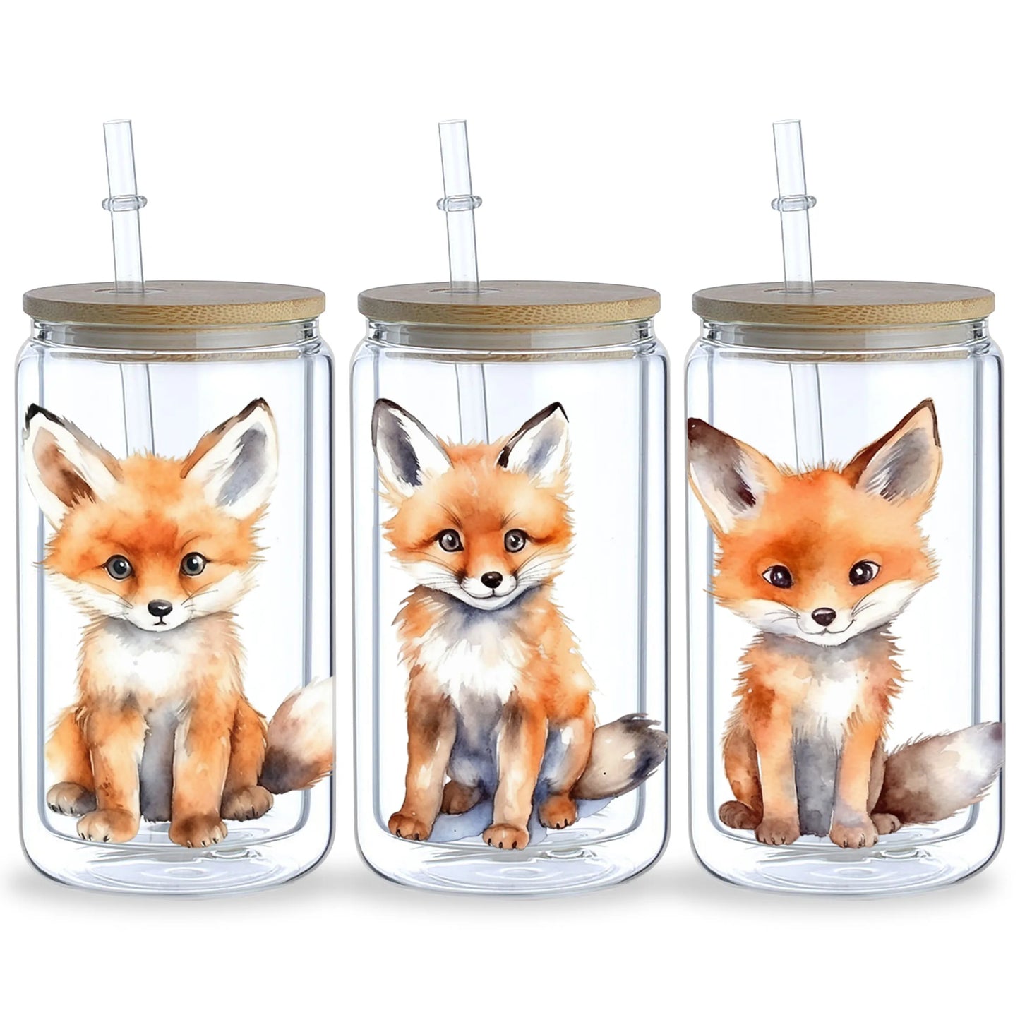 5-Pack Cute Fox UV DTF Cup Wraps – 16oz Libbey Glass Can Transfers | Waterproof Woodland Animal Stickers