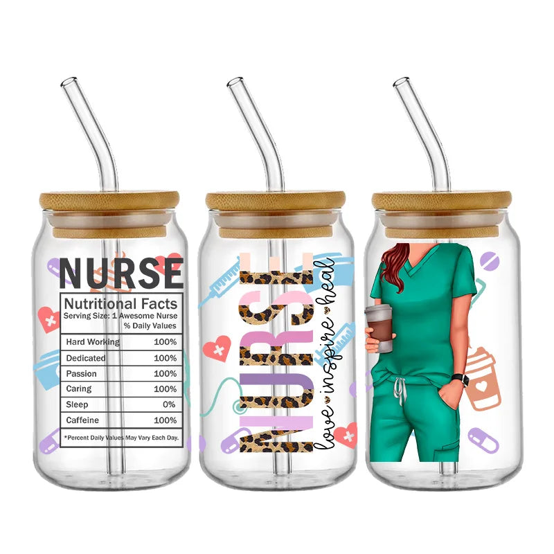 Doctor & Nurse Appreciation 3D UV DTF Cup Wrap – 16oz Libbey Glass Transfer | Waterproof DIY Decal for Glass, Ceramic & Metal