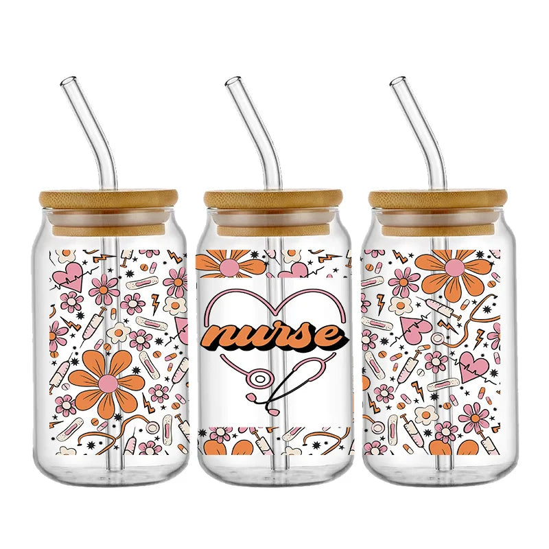 Doctor & Nurse Appreciation 3D UV DTF Cup Wrap – 16oz Libbey Glass Transfer | Waterproof DIY Decal for Glass, Ceramic & Metal