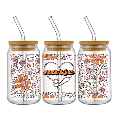 Doctor & Nurse Appreciation 3D UV DTF Cup Wrap – 16oz Libbey Glass Transfer | Waterproof DIY Decal for Glass, Ceramic & Metal