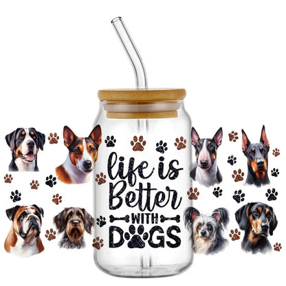 Cute Dog & Puppy UV DTF Cup Wrap – 16oz Libbey Glass Can Transfer | Waterproof Pet Lover DIY Decal