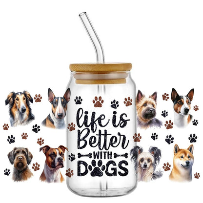 Cute Dog & Puppy UV DTF Cup Wrap – 16oz Libbey Glass Can Transfer | Waterproof Pet Lover DIY Decal