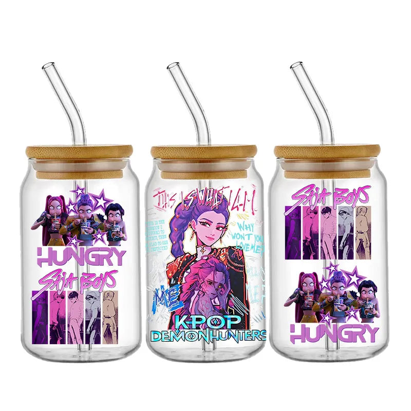 Demon Hunters Team K-Pop Boy Band UV DTF Cup Wrap – 16oz Libbey Glass Can Transfer | Waterproof & Permanent