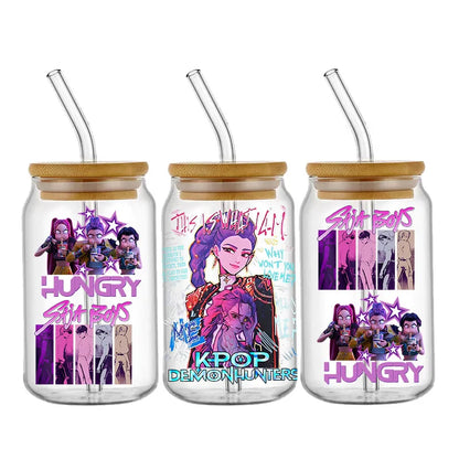 Demon Hunters Team K-Pop Boy Band UV DTF Cup Wrap – 16oz Libbey Glass Can Transfer | Waterproof & Permanent