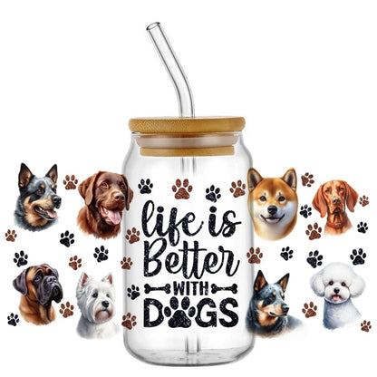 Cute Dog & Puppy UV DTF Cup Wrap – 16oz Libbey Glass Can Transfer | Waterproof Pet Lover DIY Decal
