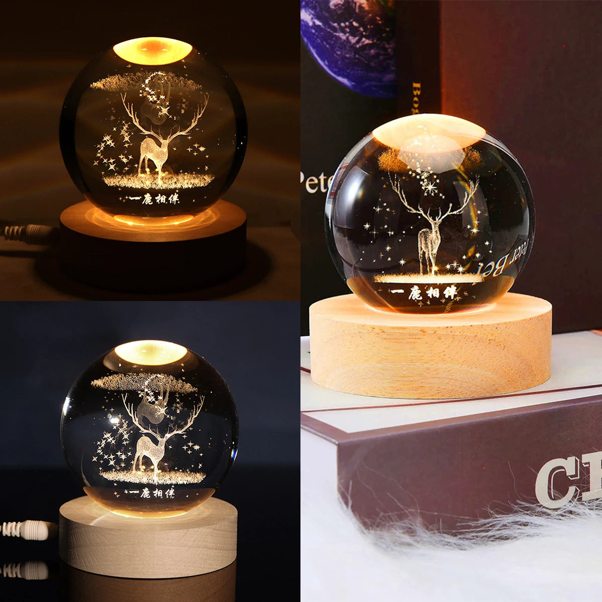 Glowing Crystal Night Light Inside Carved Glass Ball A Deer With The Planet Desktop Ornaments For Women Birthday Gift