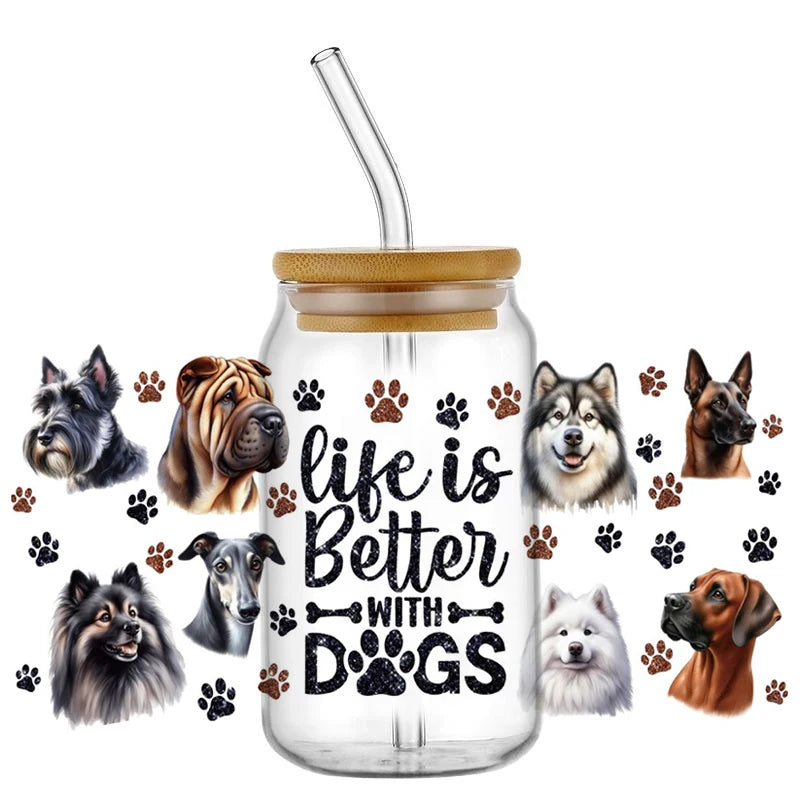 Cute Dog & Puppy UV DTF Cup Wrap – 16oz Libbey Glass Can Transfer | Waterproof Pet Lover DIY Decal