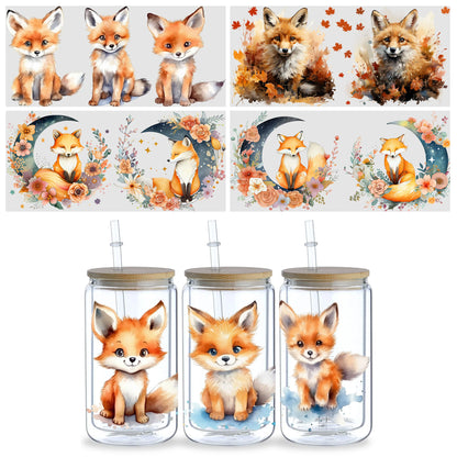5-Pack Cute Fox UV DTF Cup Wraps – 16oz Libbey Glass Can Transfers | Waterproof Woodland Animal Stickers
