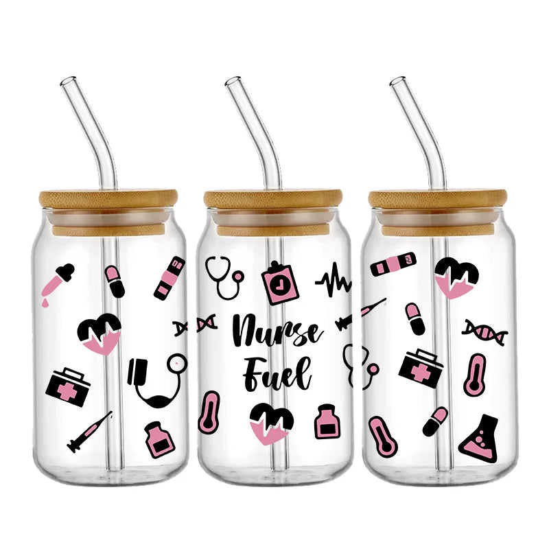 Doctor & Nurse Appreciation 3D UV DTF Cup Wrap – 16oz Libbey Glass Transfer | Waterproof DIY Decal for Glass, Ceramic & Metal