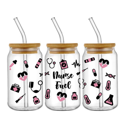 Doctor & Nurse Appreciation 3D UV DTF Cup Wrap – 16oz Libbey Glass Transfer | Waterproof DIY Decal for Glass, Ceramic & Metal