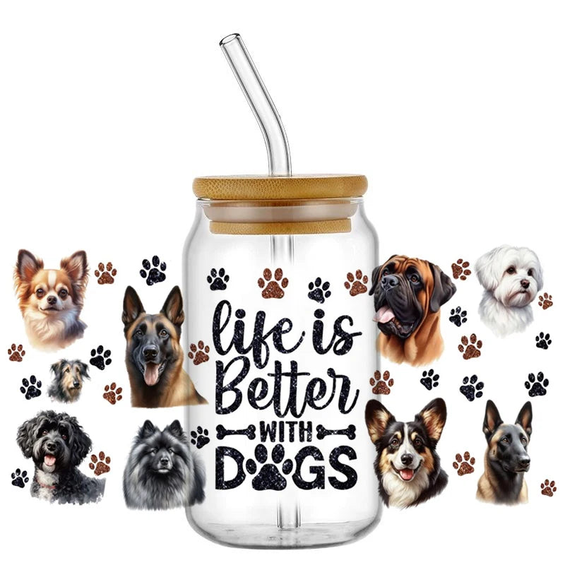 Cute Dog & Puppy UV DTF Cup Wrap – 16oz Libbey Glass Can Transfer | Waterproof Pet Lover DIY Decal