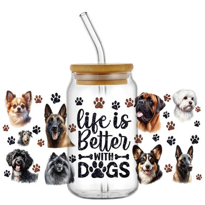 Cute Dog & Puppy UV DTF Cup Wrap – 16oz Libbey Glass Can Transfer | Waterproof Pet Lover DIY Decal