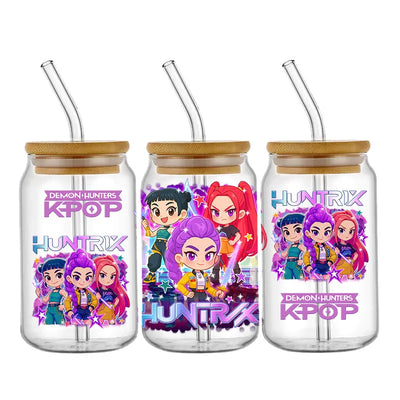 Demon Hunters Team K-Pop Boy Band UV DTF Cup Wrap – 16oz Libbey Glass Can Transfer | Waterproof & Permanent