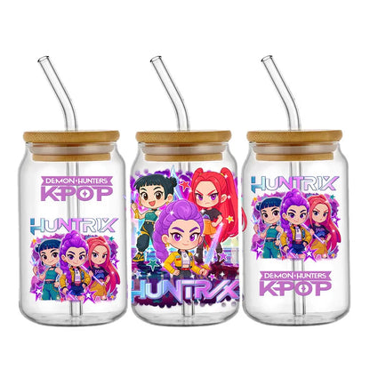 Demon Hunters Team K-Pop Boy Band UV DTF Cup Wrap – 16oz Libbey Glass Can Transfer | Waterproof & Permanent